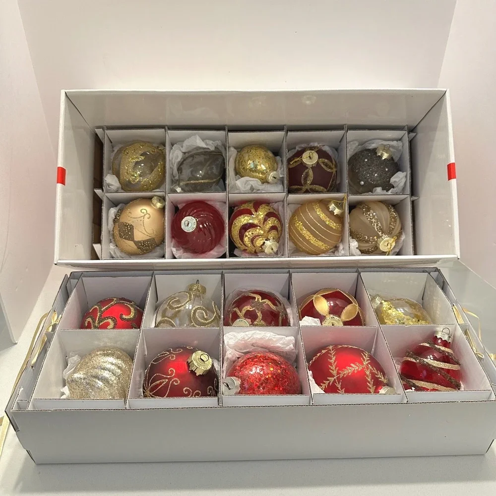 Winter Lane 20 Piece Glass Christmas Ornament Set Red Gold Champagne Glitter Box